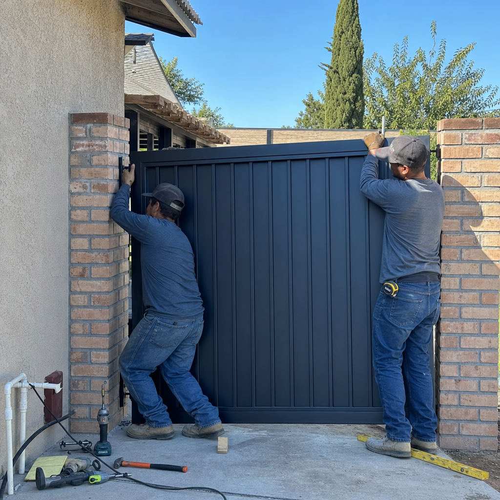 Two professional technicians installing a new metal driveway gate