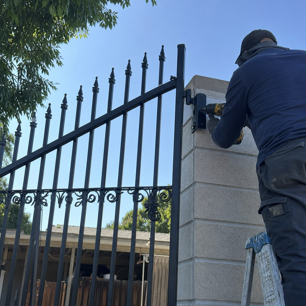 Contractor installing custom metal gate hinge onto masonry pillar