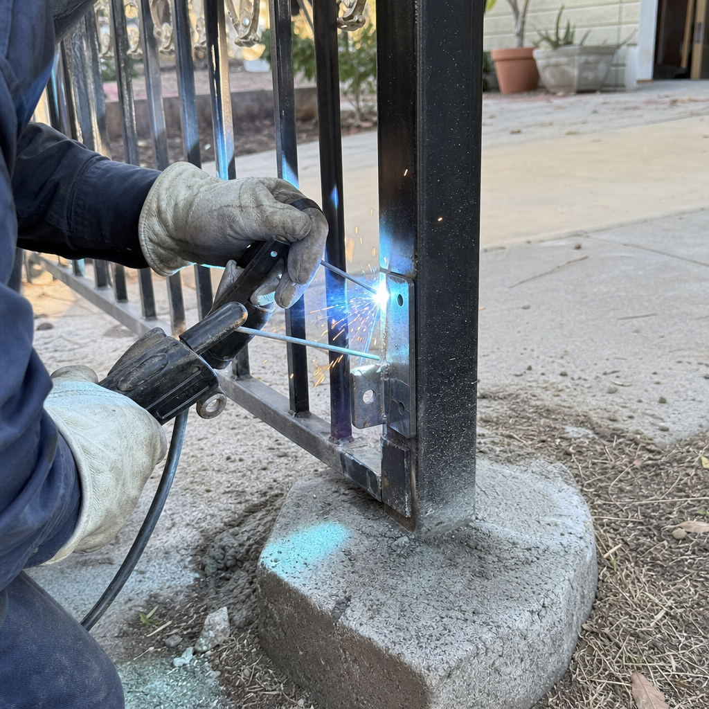 Professional welder performing metal gate repair and installation