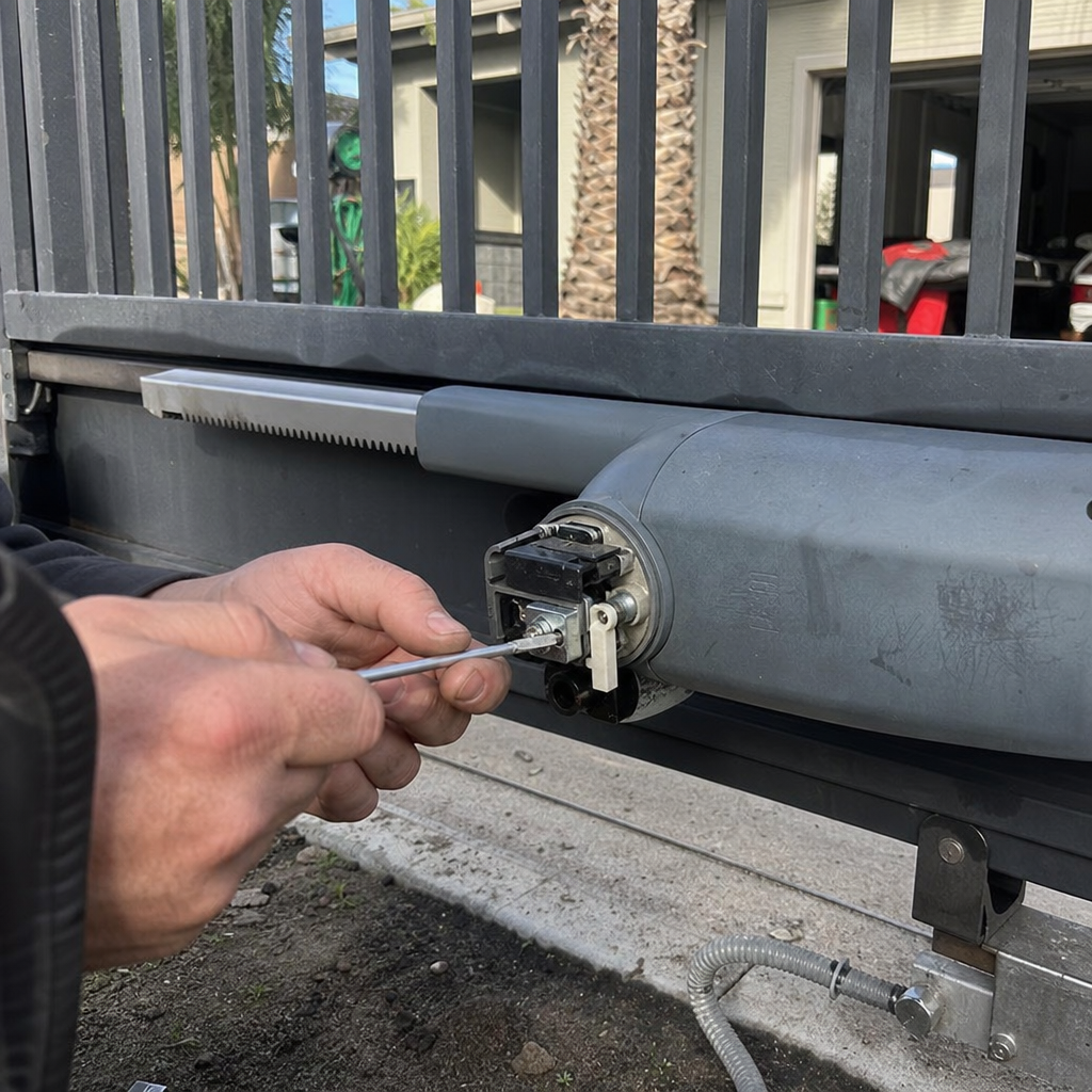 Technician performing maintenance on an automatic sliding gate motor