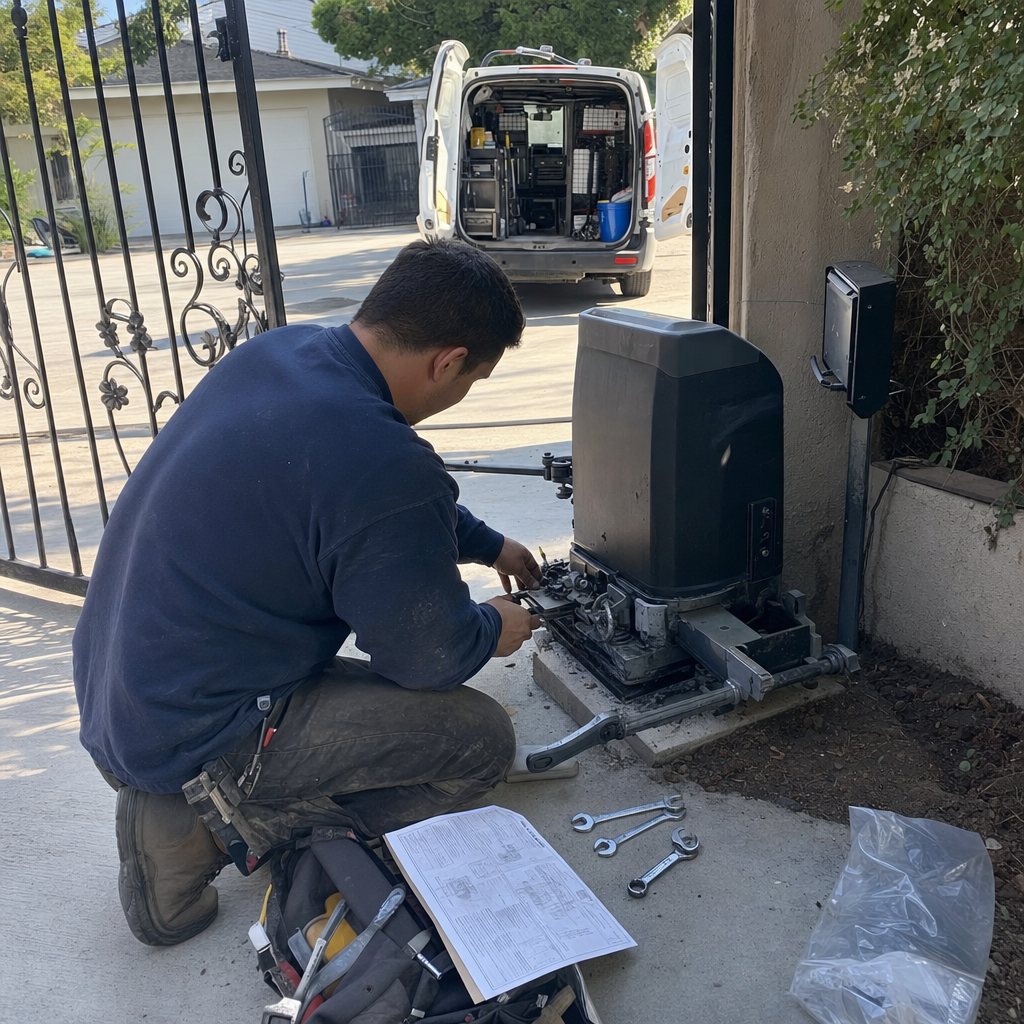 Technician performing professional gate motor and opener repair service