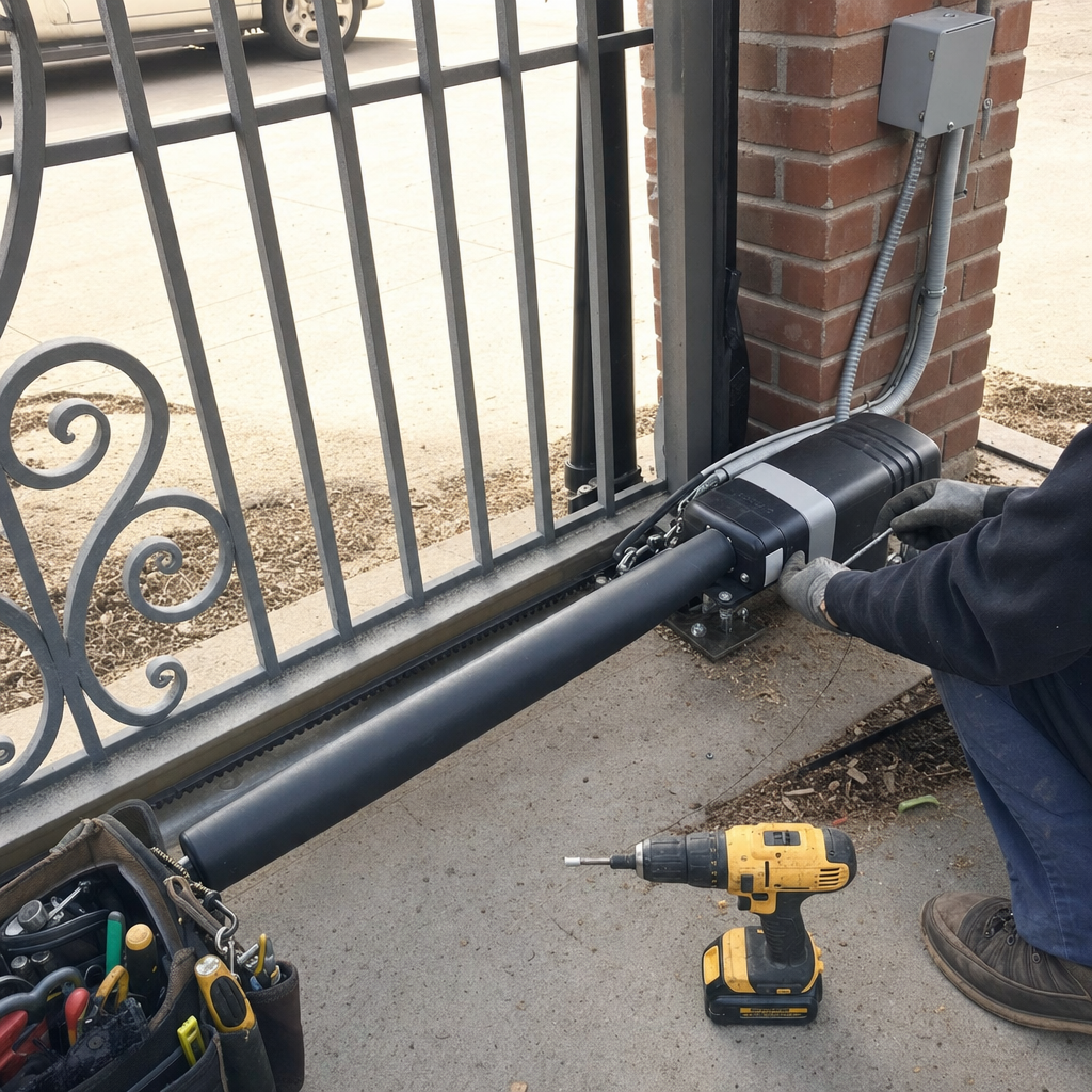 Technician performing professional gate motor and automatic gate opener repair.