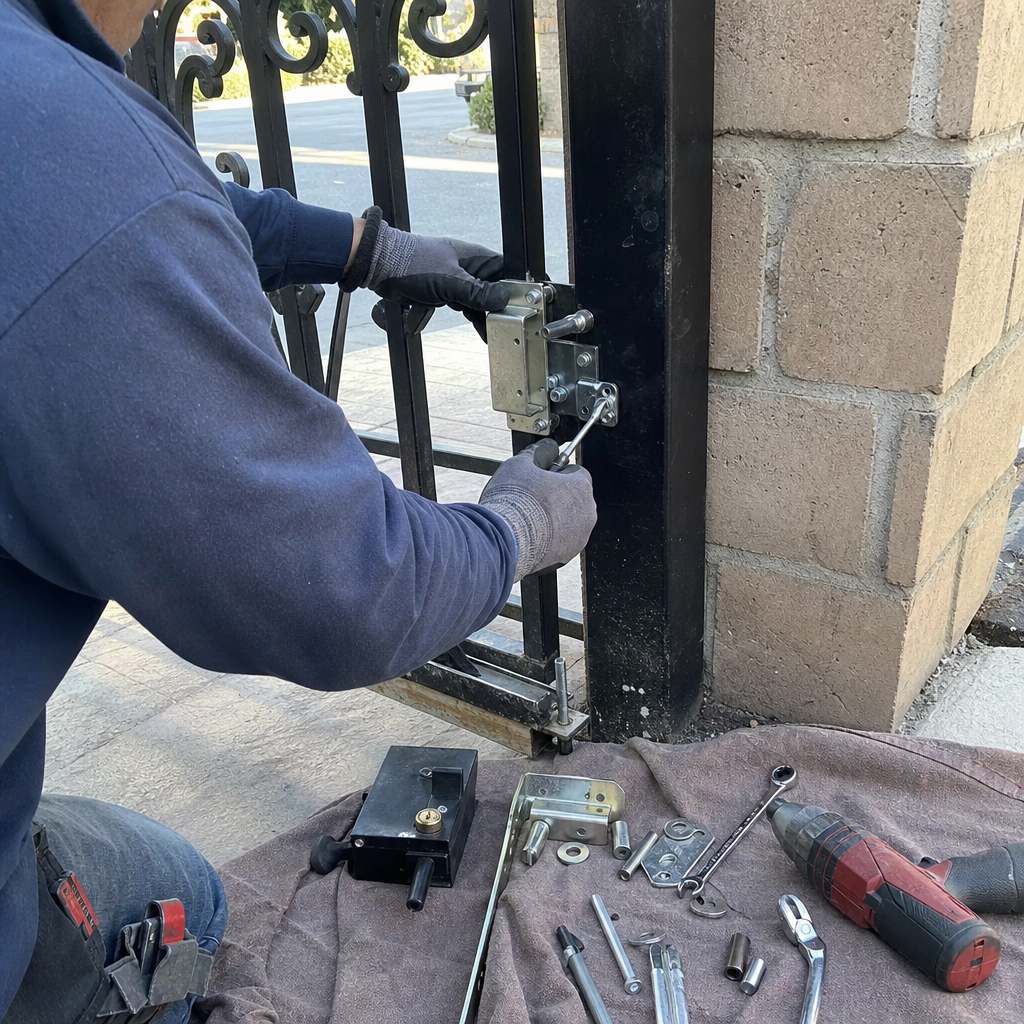 Professional technician repairing a metal gate latch with tools