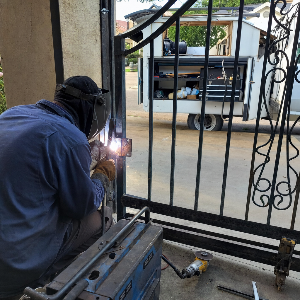 A professional welder performing an iron gate repair
