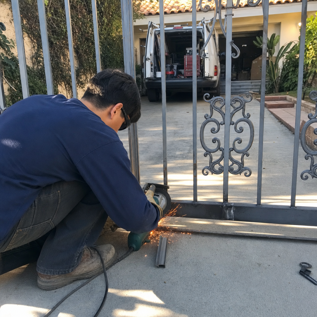 Technician using an angle grinder for metal gate repair services.
