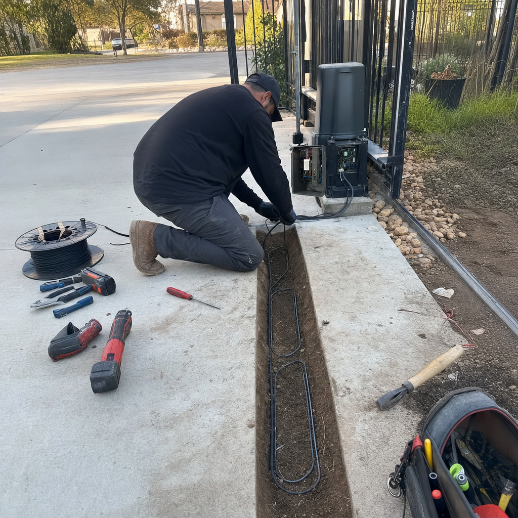 Technician installing inductive loop wire for gate access control system. in Fresno, CA