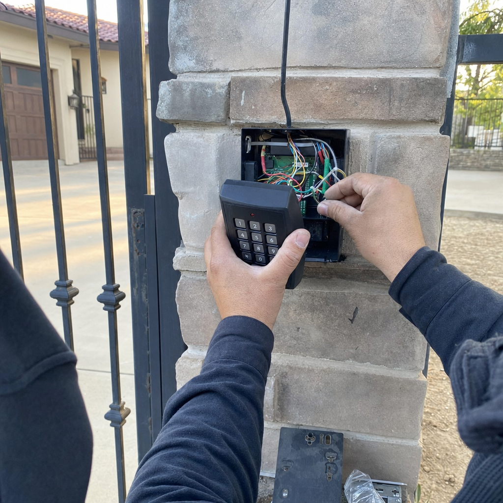 Technician performing professional gate access control system repair and wiring in Fresno, CA
