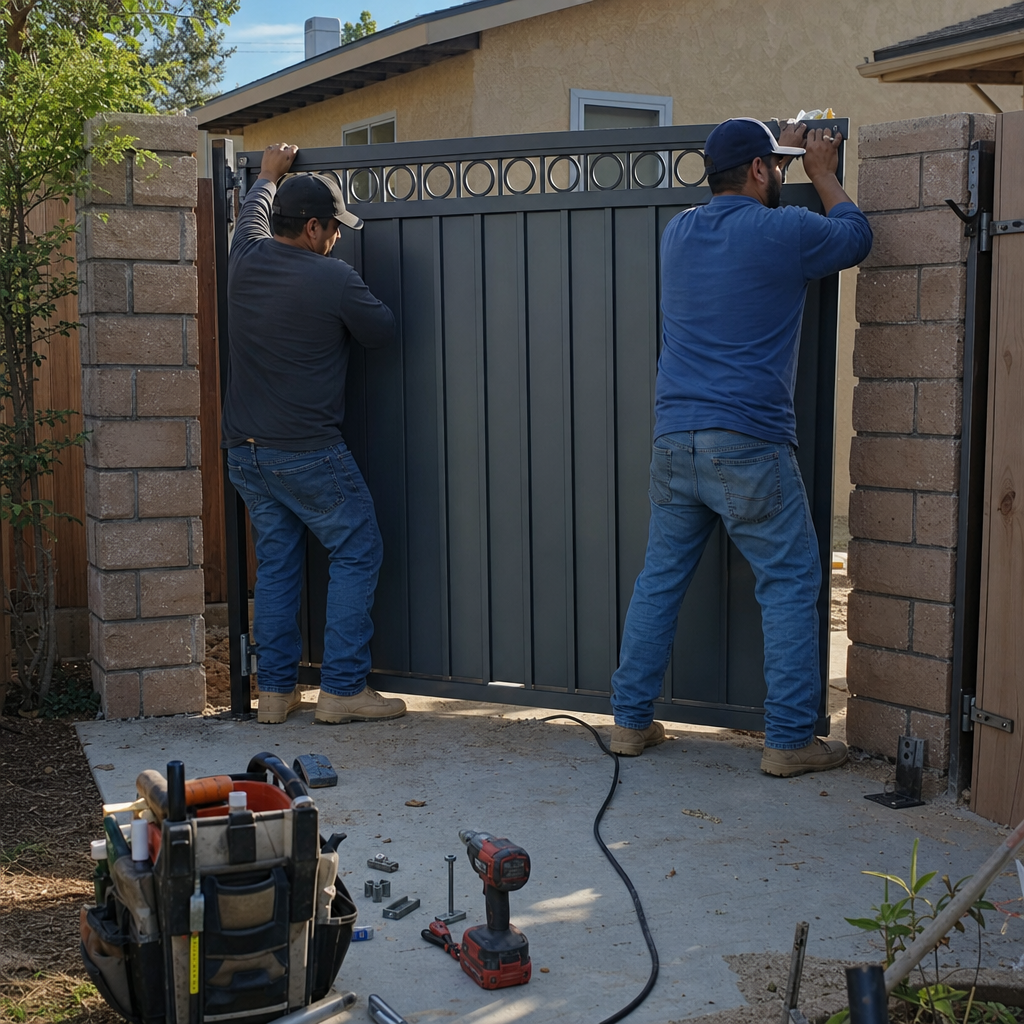 Two professional contractors installing a modern grey metal gate
