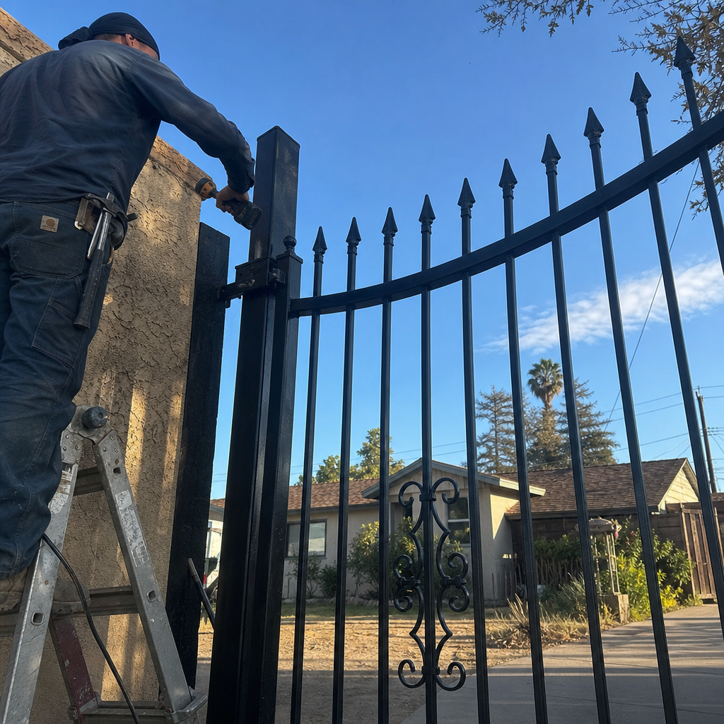 Professional contractor installing a custom metal security gate