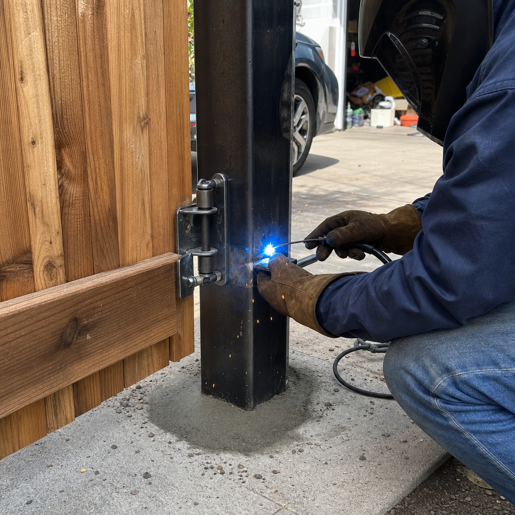 Professional welder installing a metal gate hinge on a post