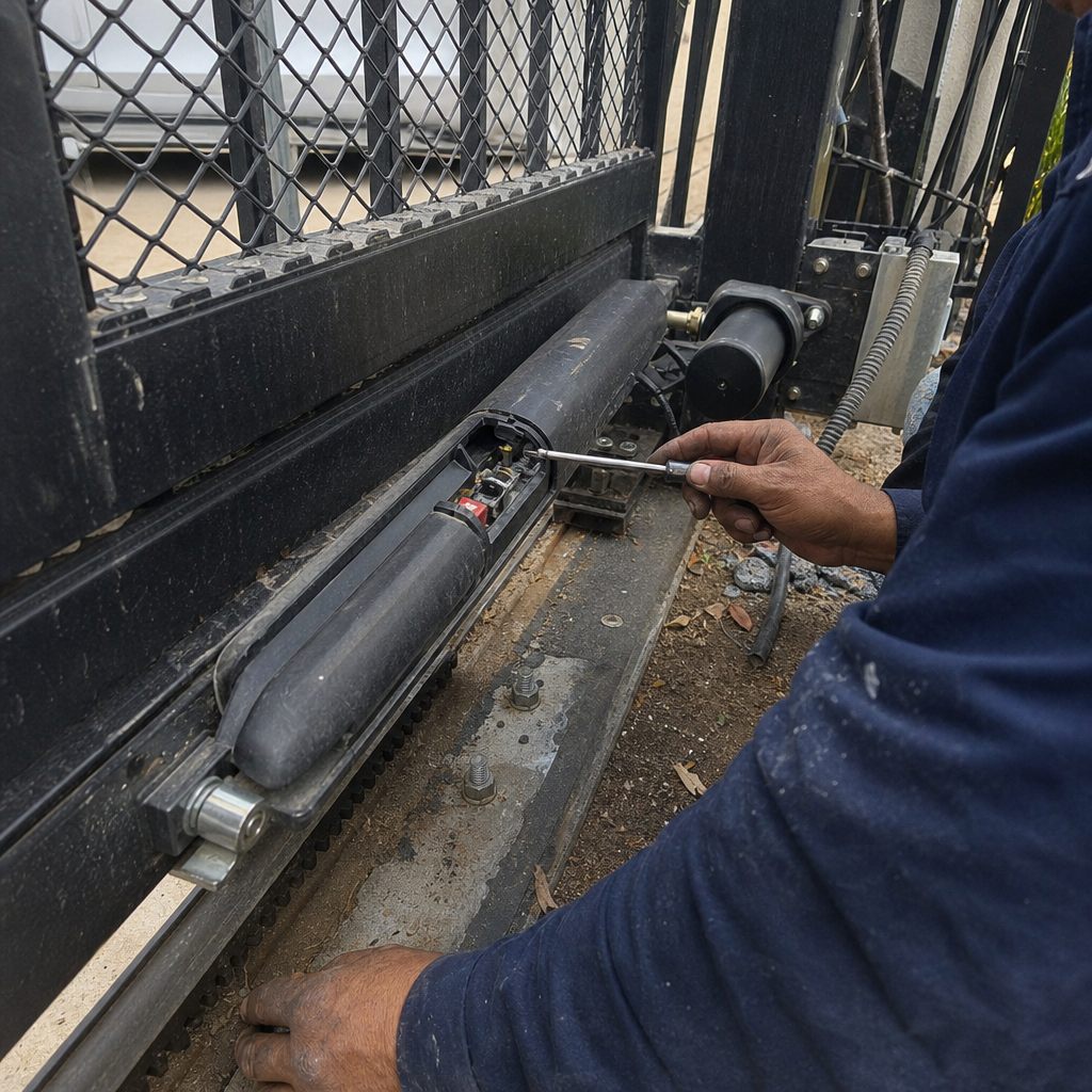 Technician performing professional gate motor and opener repair service