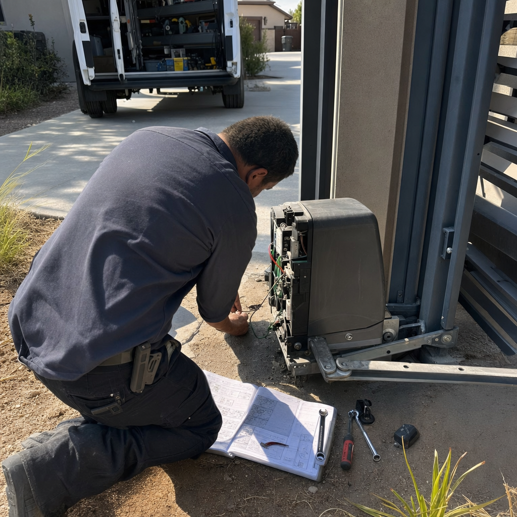 Technician performing professional gate motor and opener repair