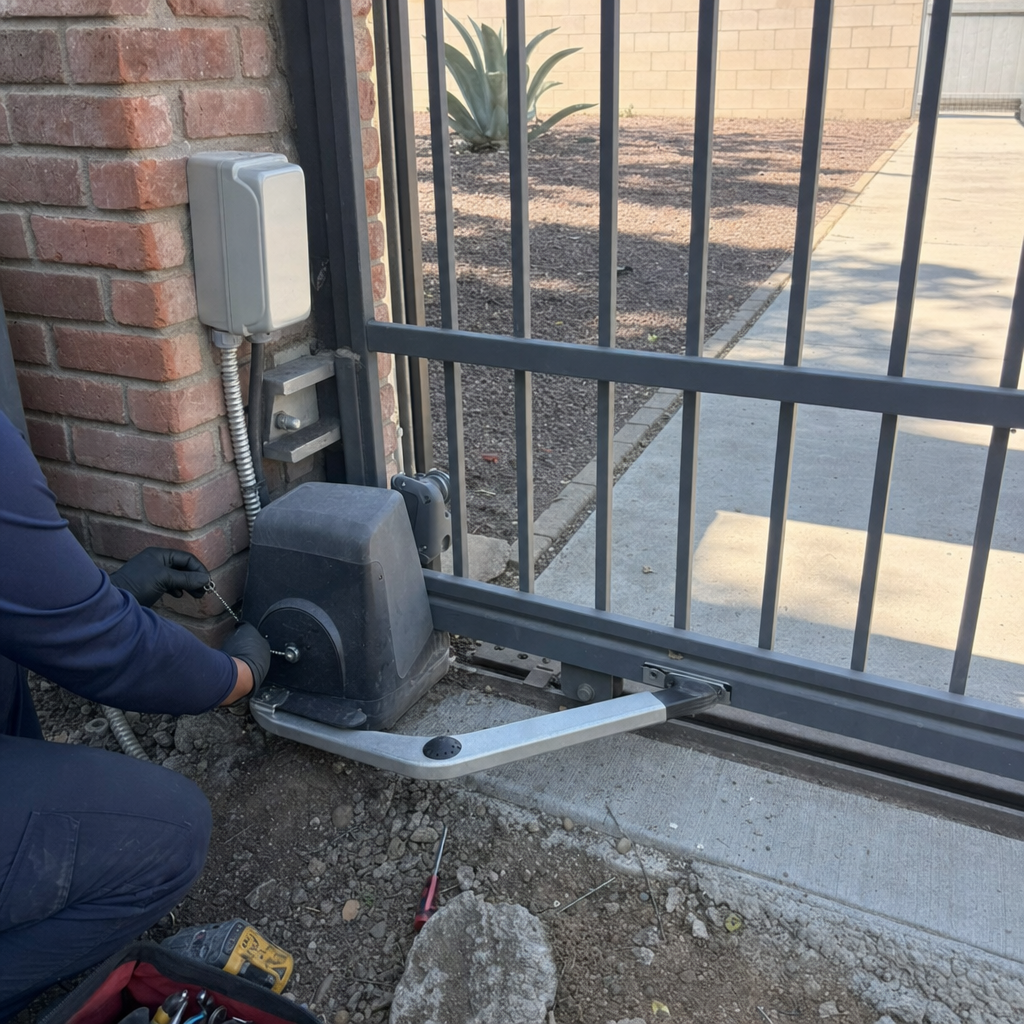 Technician performing professional repair on residential sliding gate motor and opener
