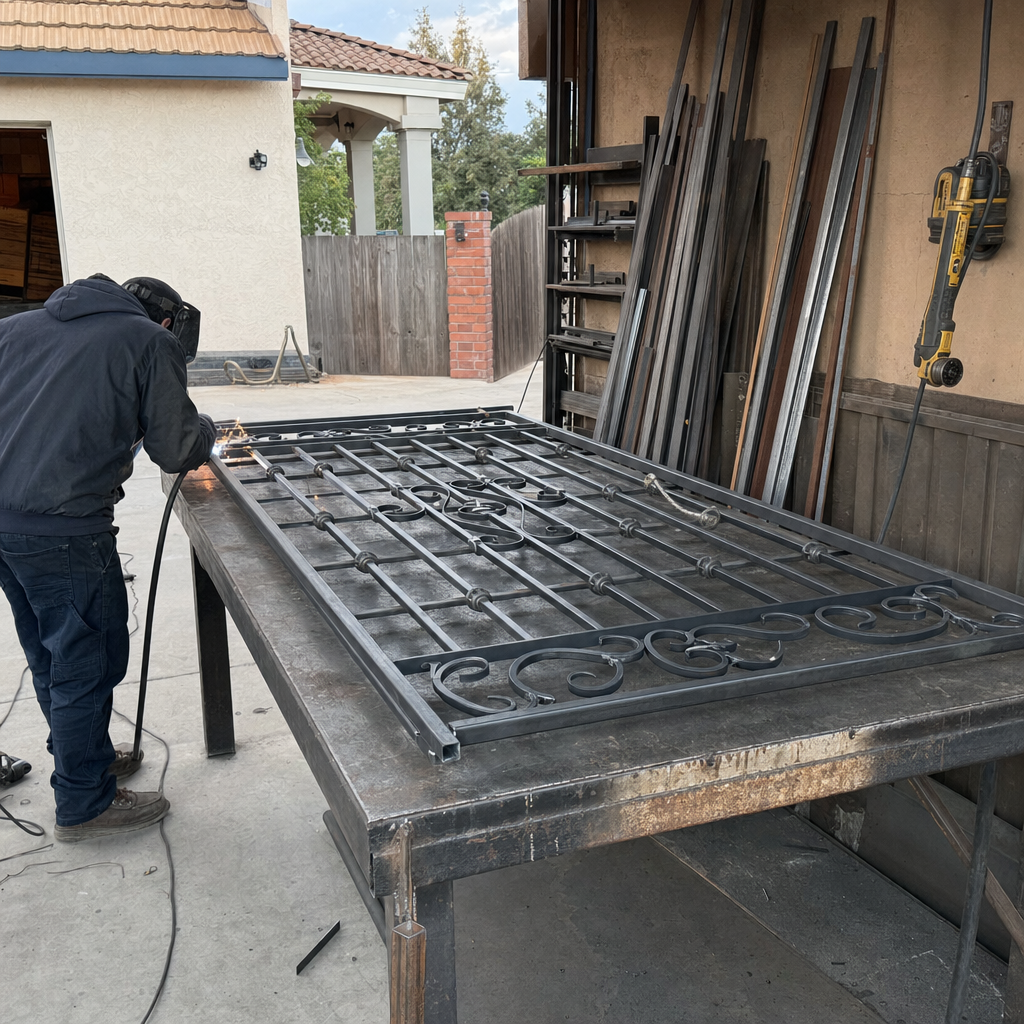 Professional welder performing custom gate repair and metal fabrication in workshop in Fresno, CA