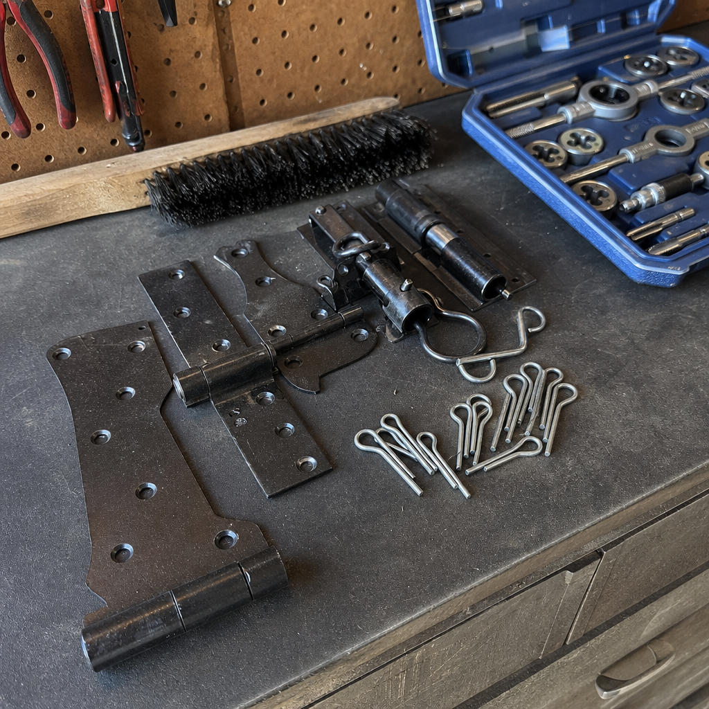 Assorted black metal gate hinges and hardware pins on a workbench in Fowler, CA