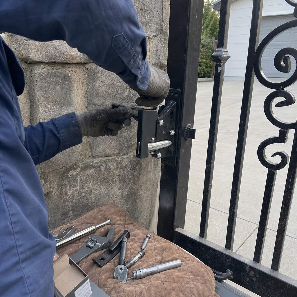 A technician repairing an iron gate latch using professional tools.