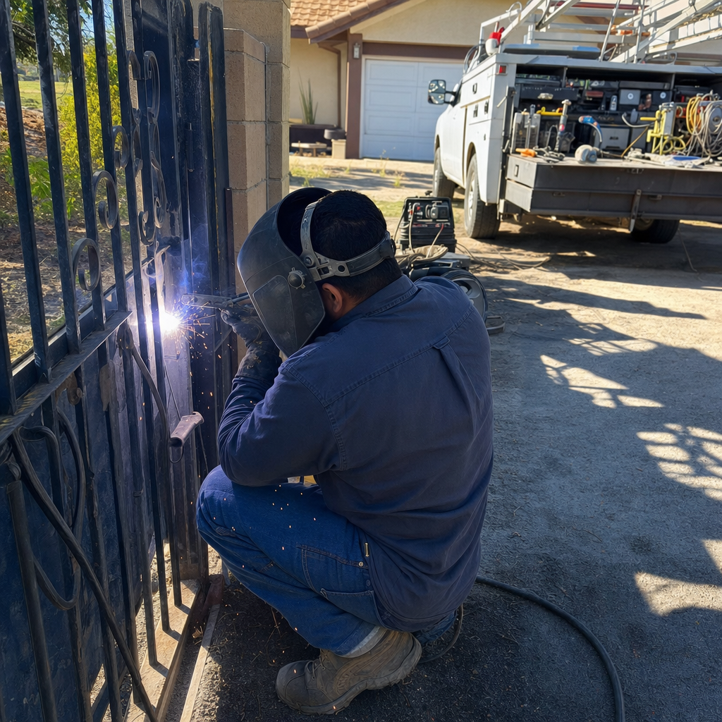 Professional welder performing metal gate repair and ironwork