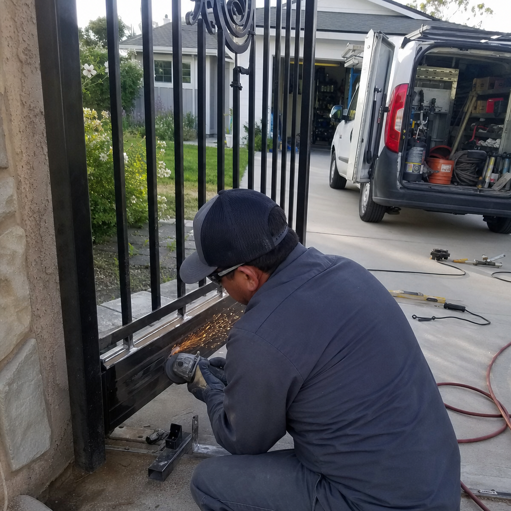 Technician performing metal gate repair and welding work with angle grinder